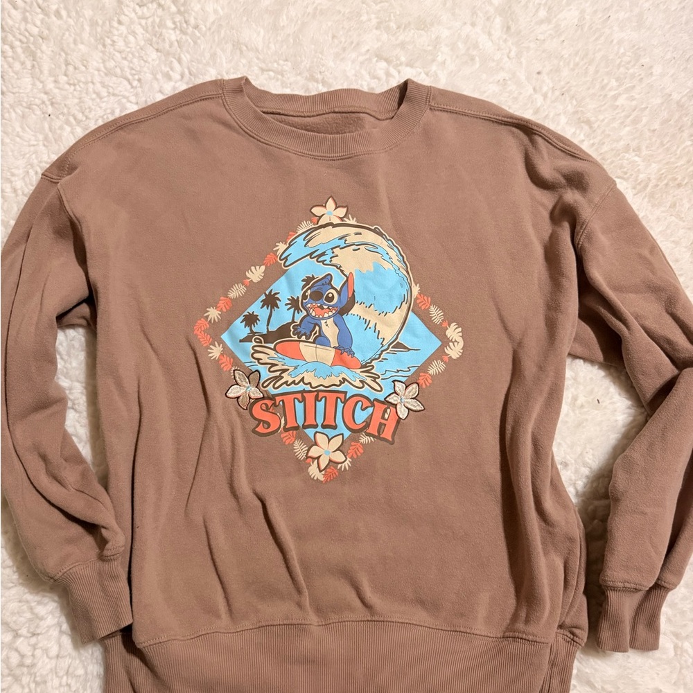 Disney Brown Crewneck Sweatshirt with Surfing Stitch Graphic